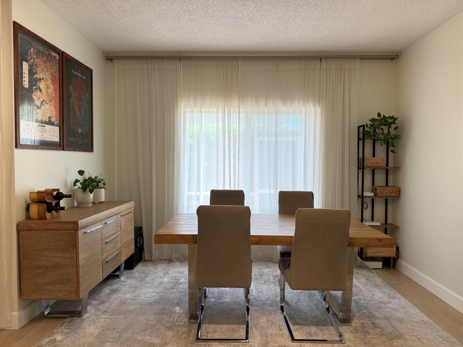 A dining room features a wooden table, four upholstered chairs, a sideboard, and sheer curtains — 8302 Vía Serena, Boca Raton FL 33433, BOCA RATON, FL