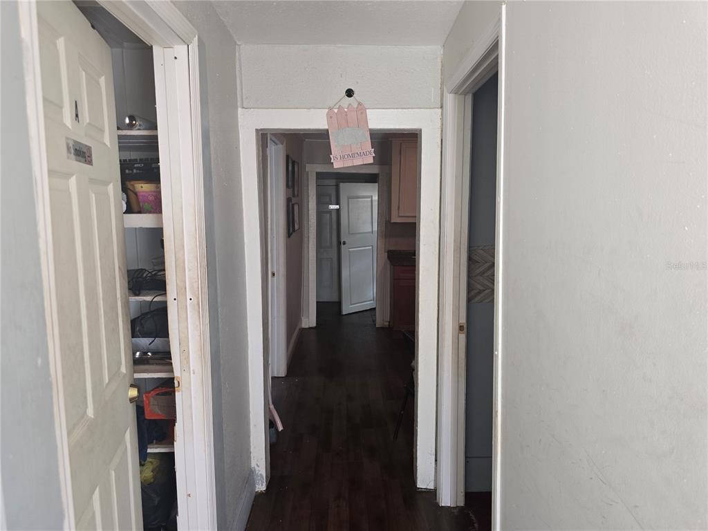 A hallway with dark wood-look flooring leads to a kitchen area with white doors — 3703 N 51ST STREET, TAMPA, FL