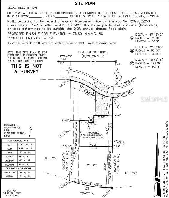This is a site plan for a residential lot showing property boundaries, easements, and setbacks — 5436 ISLA SAONA DRIVE, KISSIMMEE, FL