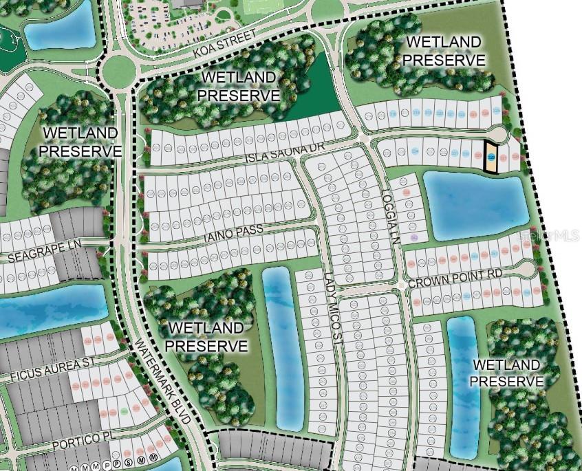 This is a site map rendering of a residential community with streets, lots, and preserves — 5436 ISLA SAONA DRIVE, KISSIMMEE, FL