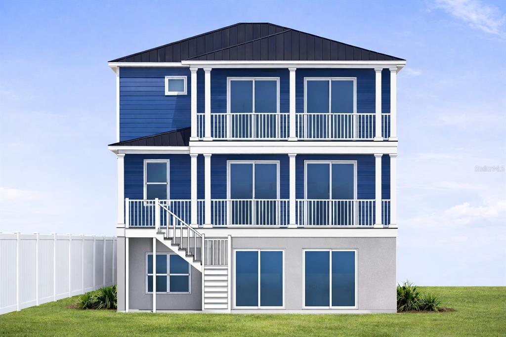 A digital rendering of a three-story blue house with stacked balconies and an exterior staircase — 5815 ELISABETHAN LANE, NEW PORT RICHEY, FL