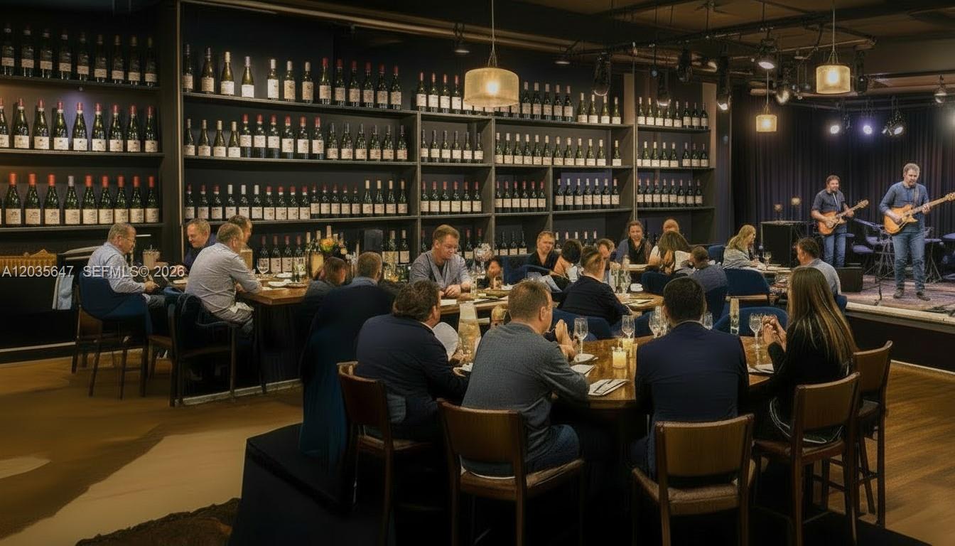 A restaurant dining room features extensive wine bottle shelving and a live musical performance area — First Generation Restaurant For Lease In Doral, Doral FL 33166, DORAL, FL