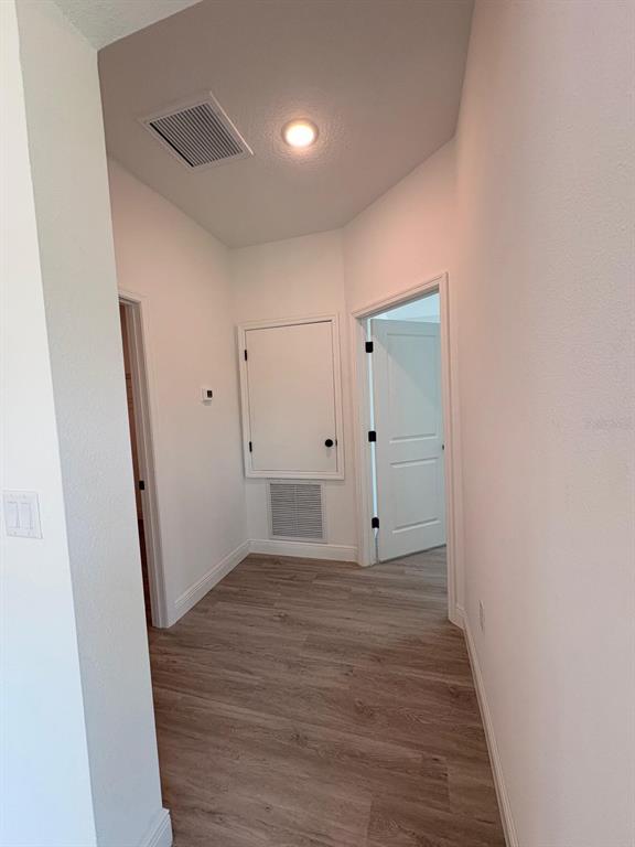 A hallway with light wood-look flooring, white walls, a ceiling light, and two doorways — 7838 N SARAZEN DRIVE, CITRUS SPRINGS, FL