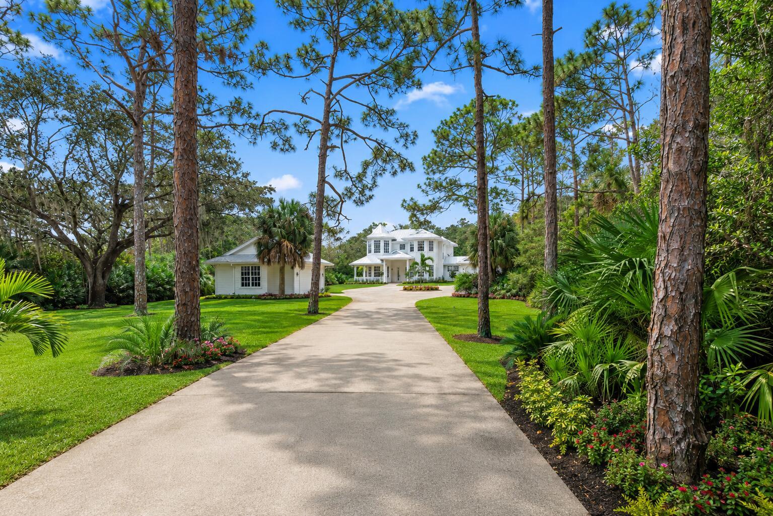 A long concrete driveway leads to a white two-story house surrounded by tall pine trees — 1001 SE Ranch Road, Jupiter FL 33478, JUPITER, FL