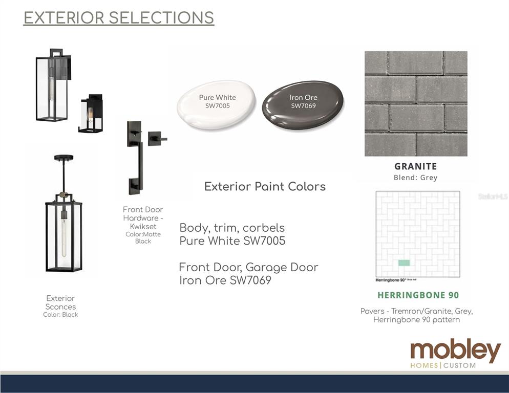 This exterior design board displays paint colors, lighting fixtures, door hardware, and paver patterns — 2829 4TH AVENUE N, ST PETERSBURG, FL