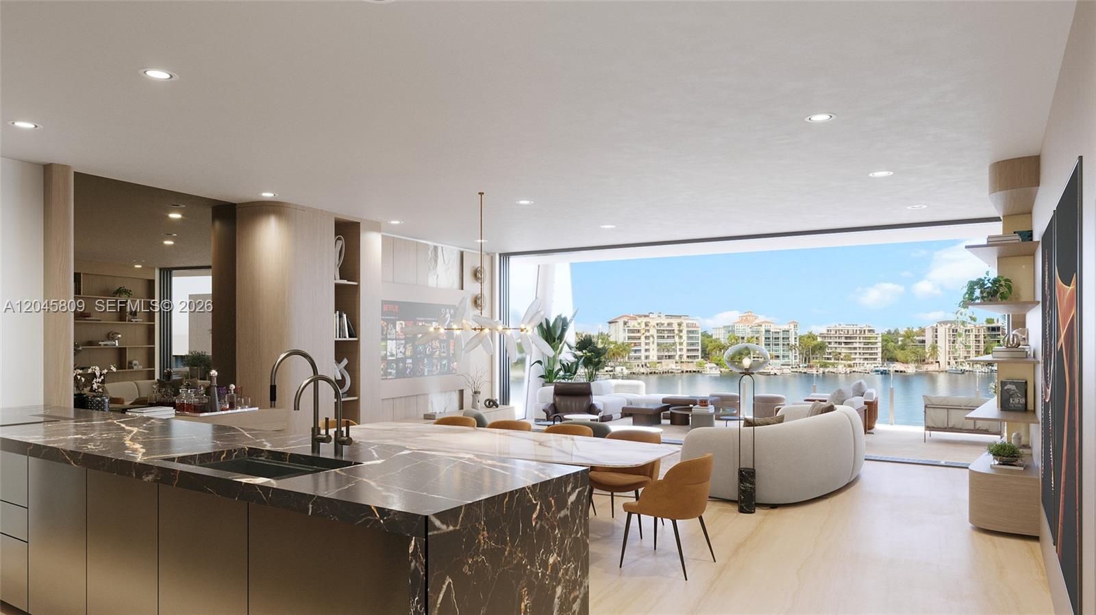 This rendering shows a modern open-concept kitchen and living area overlooking a waterfront view — 5 Grove Isle # L405, Miami FL 33133, MIAMI, FL