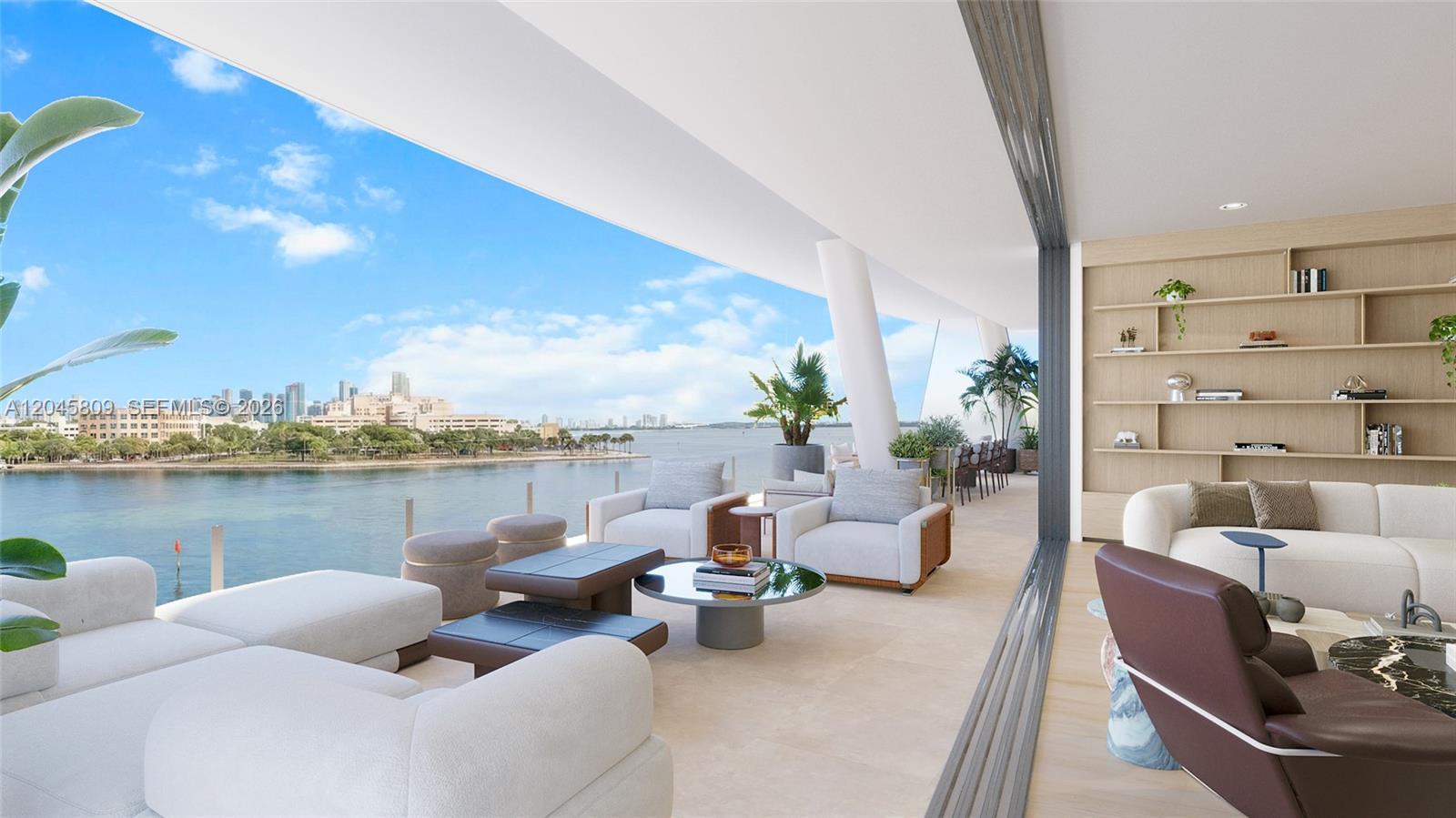 This rendering shows a modern indoor-outdoor living space with a balcony overlooking a bay — 5 Grove Isle # L405, Miami FL 33133, MIAMI, FL