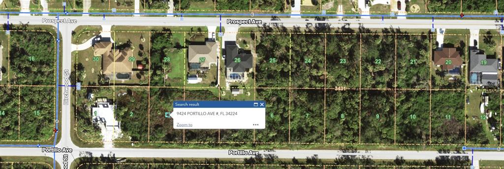 This is a satellite map view showing residential lots and houses along two streets — 9424 PORTILLO AVENUE, ENGLEWOOD, FL