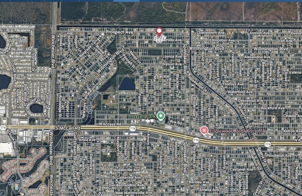 This is a satellite map view of a residential neighborhood in Englewood, Florida — 9424 PORTILLO AVENUE, ENGLEWOOD, FL