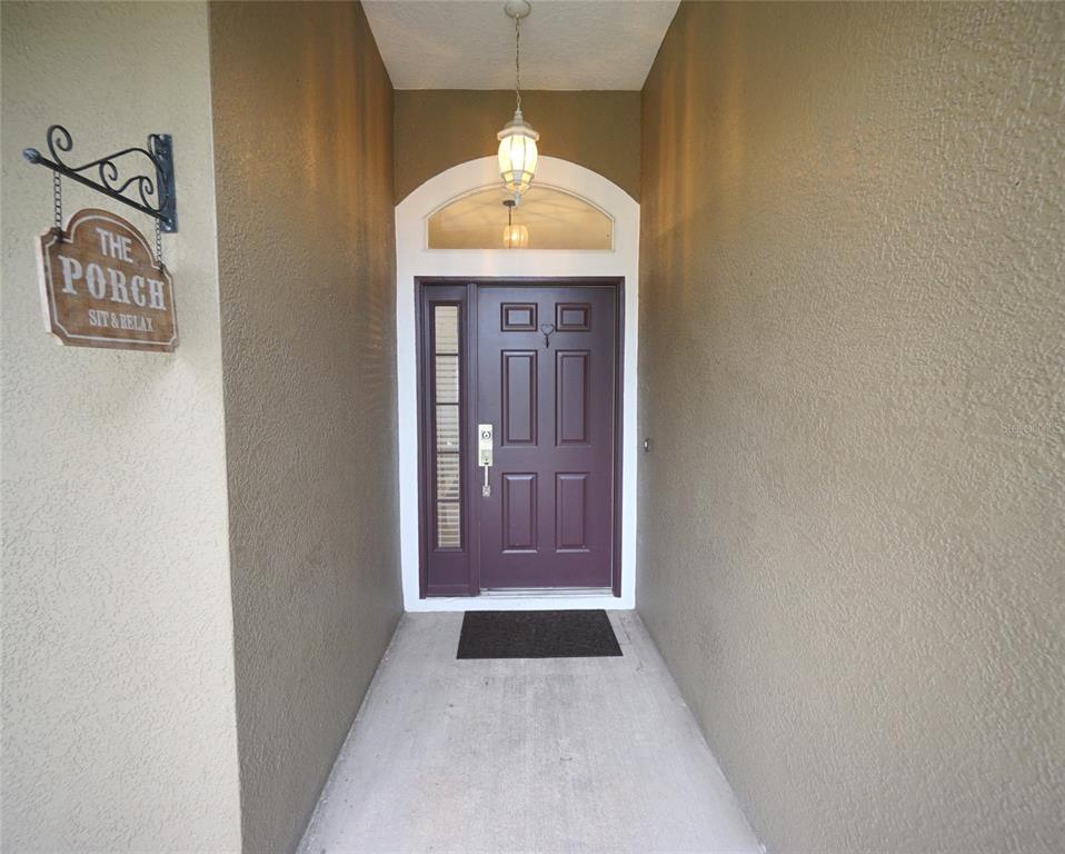 A covered entryway features a dark purple front door with a side window and transom — 5225 ALGERINE PLACE, WESLEY CHAPEL, FL