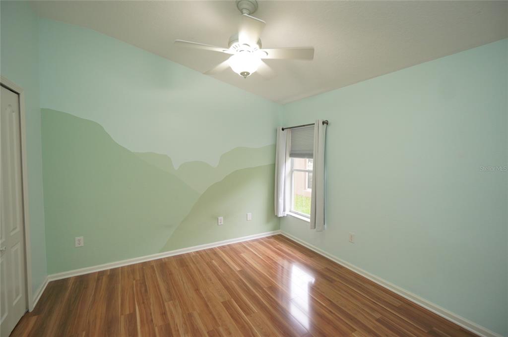 A bedroom with light green walls, a mountain mural, a ceiling fan, and wood flooring — 5225 ALGERINE PLACE, WESLEY CHAPEL, FL