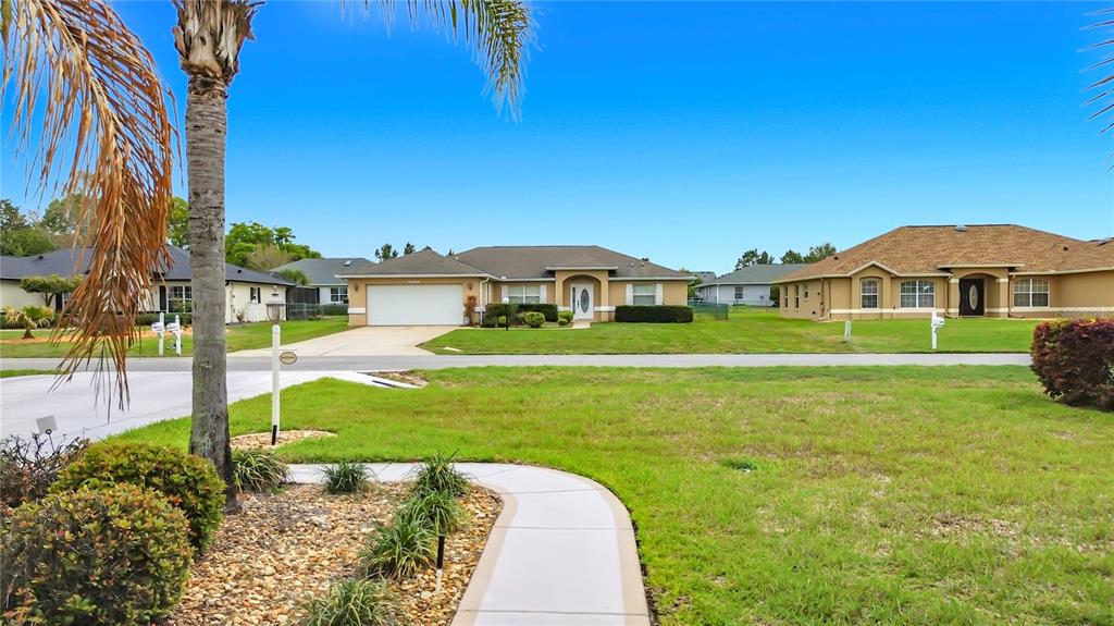 A view of a suburban street featuring single-story houses with lawns and palm trees — 5028 NW 34TH PLACE, OCALA, FL