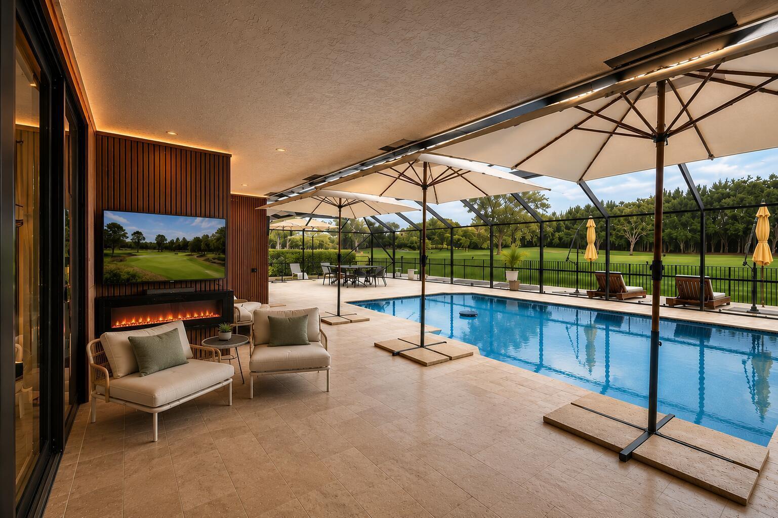 A covered patio features a pool, fireplace, television, and outdoor seating overlooking a golf course — 10710 Boca Woods Lane, Boca Raton FL 33428, BOCA RATON, FL