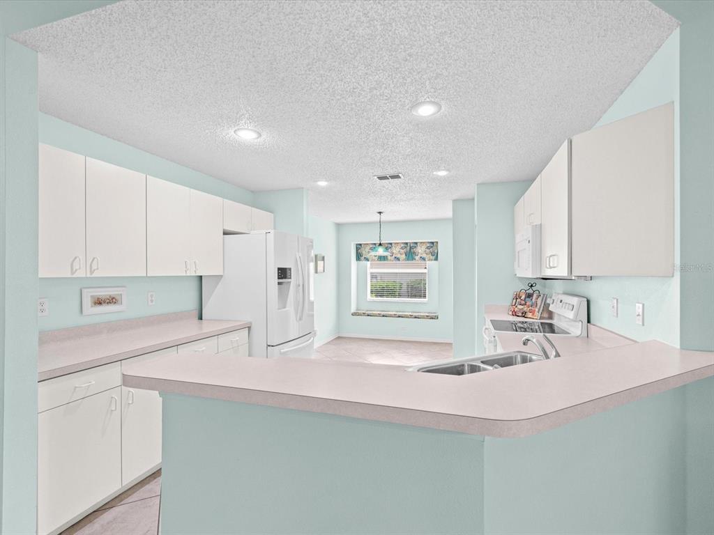A kitchen with light blue walls, white cabinets, and a peninsula countertop — 830 MCCALLISTER AVENUE, SUN CITY CENTER, FL