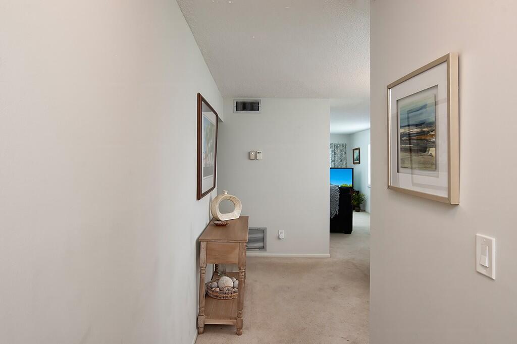 A carpeted hallway leads to a living area featuring a wooden console table and artwork — VERO BEACH, FL