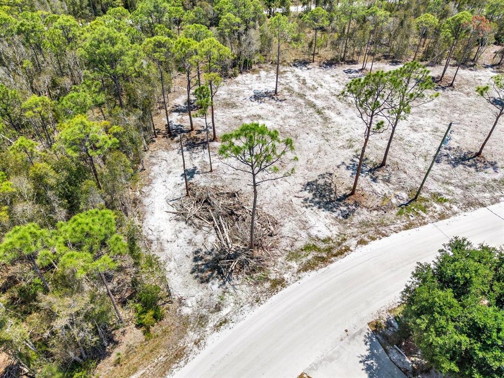 An aerial view shows a sandy, partially cleared lot with scattered pine trees and debris — 12268 FINWICK DRIVE, PUNTA GORDA, FL
