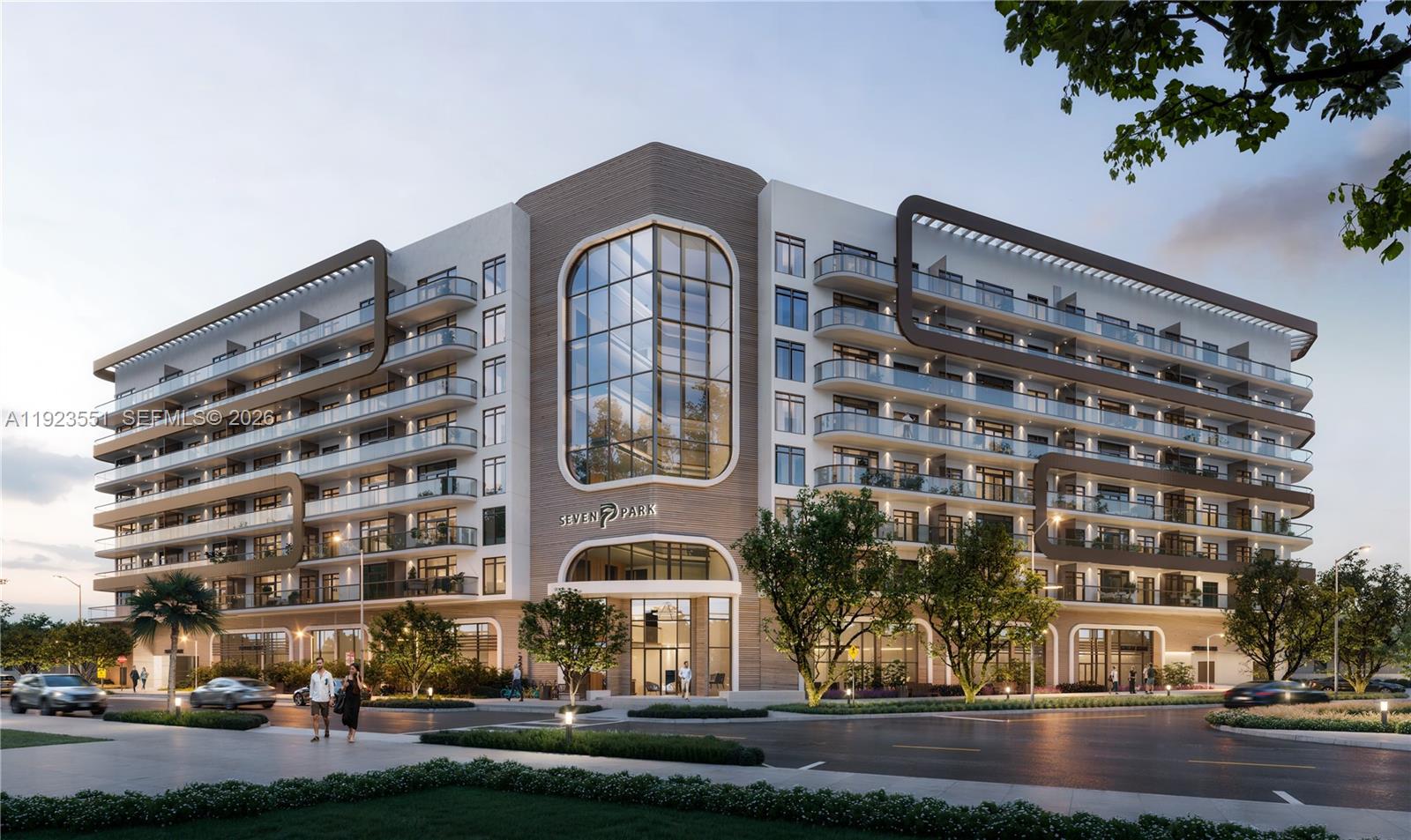 This is a digital rendering of a modern, multi-story residential building with glass balconies — 218 SE 7th St # 411, Hallandale Beach FL 33009, HALLANDALE BEACH, FL