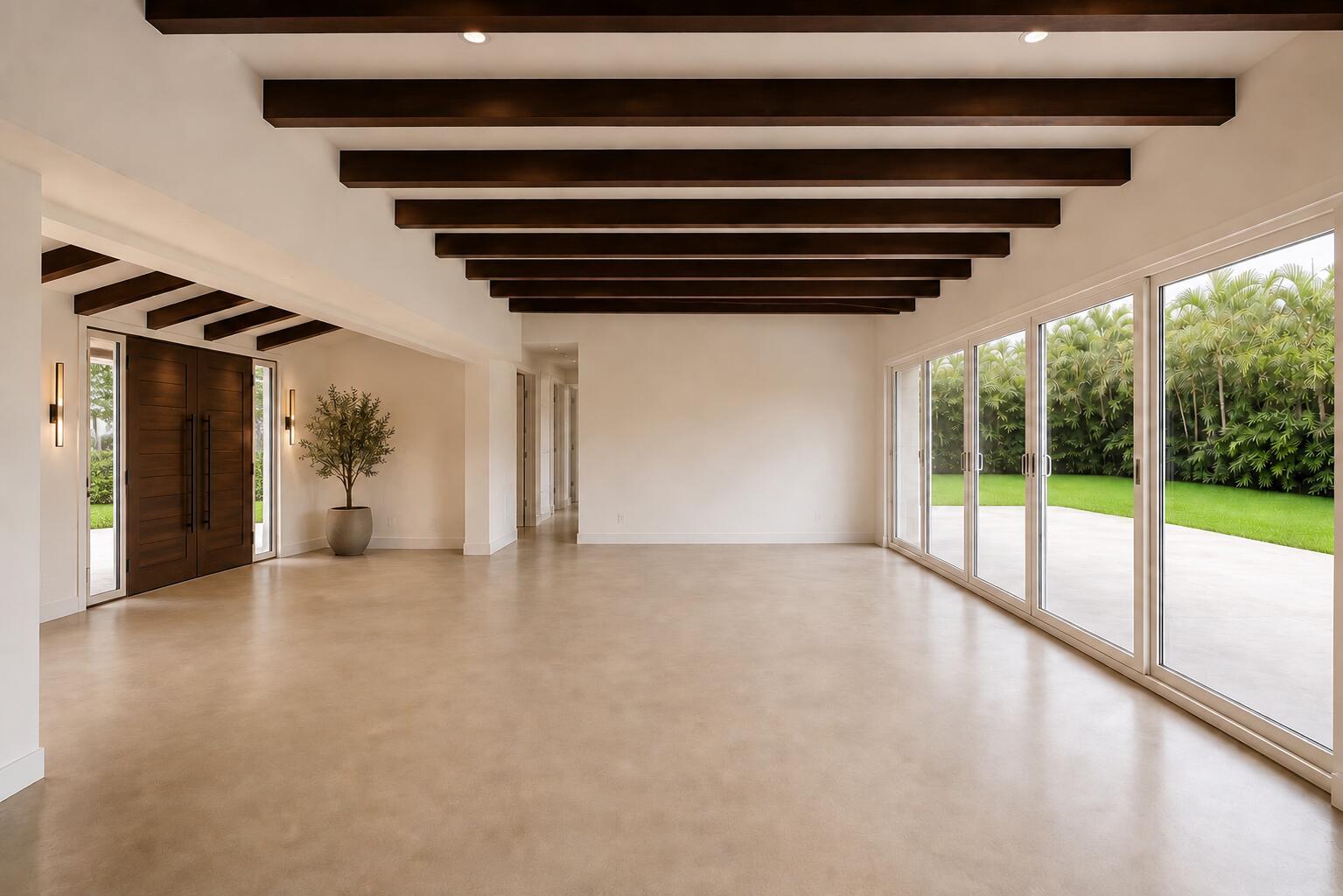 A spacious room with concrete floors, dark wood ceiling beams, and large sliding glass doors — 2024 NE 26th Drive, Wilton Manors FL 33306, WILTON MANORS, FL