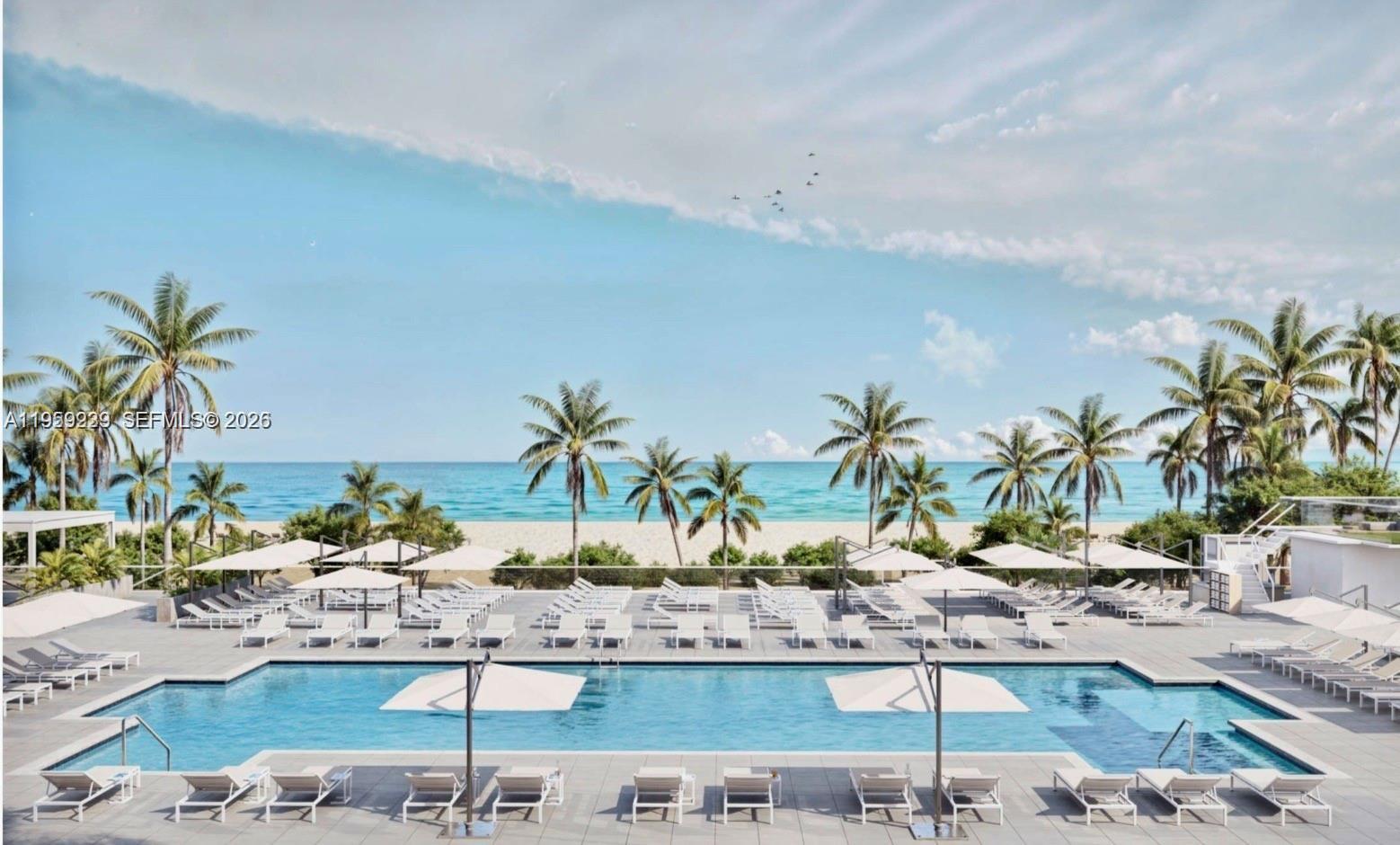 This rendering shows a swimming pool deck with lounge chairs and umbrellas overlooking the ocean — 9801 Collins Ave # 14D, Bal Harbour FL 33154, BAL HARBOUR, FL