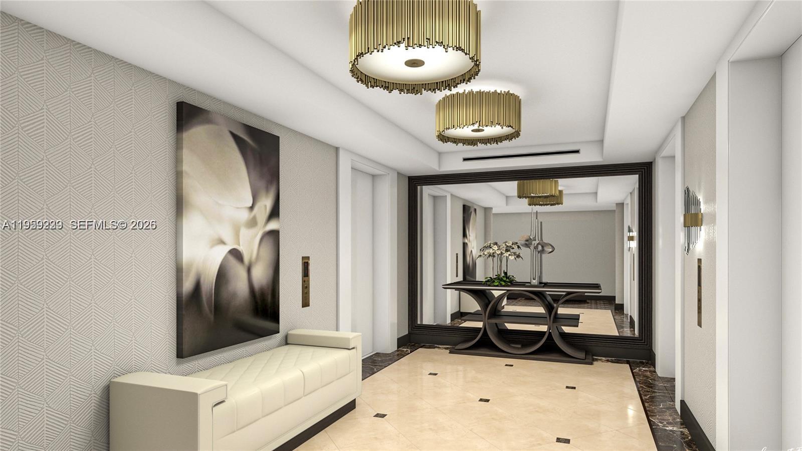 This is a rendering of a modern elevator lobby featuring a bench, mirror, and chandeliers — 9801 Collins Ave # 14D, Bal Harbour FL 33154, BAL HARBOUR, FL