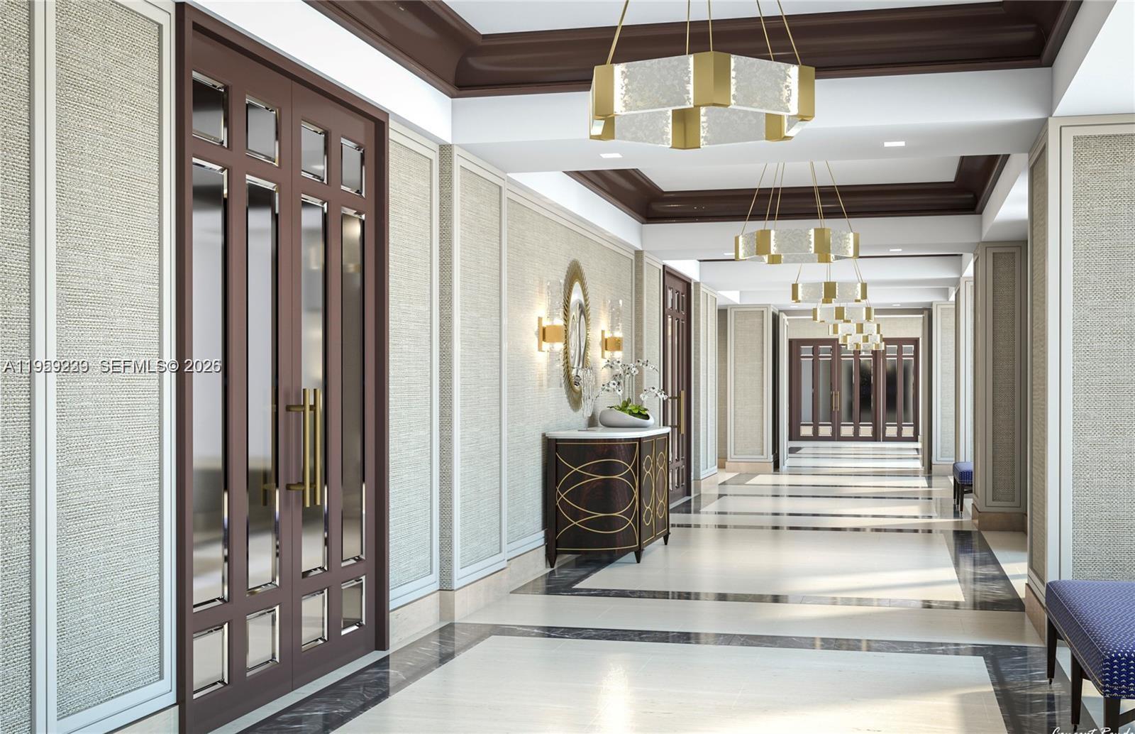 This rendering shows a long, elegant hallway with paneled walls, marble floors, and multiple chandeliers — 9801 Collins Ave # 14D, Bal Harbour FL 33154, BAL HARBOUR, FL