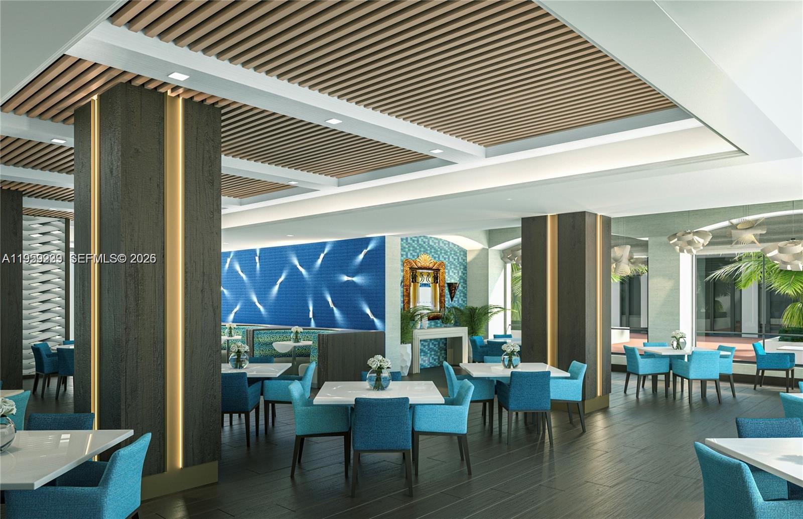 This rendering shows a modern dining room with blue chairs, square tables, and slatted ceilings — 9801 Collins Ave # 14D, Bal Harbour FL 33154, BAL HARBOUR, FL