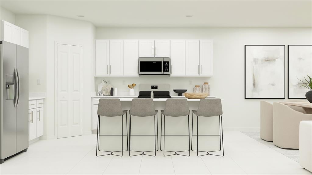 This rendering shows a modern kitchen with white cabinets, stainless steel appliances, and four stools — 12140 NOBLE CHASE PATH, DADE CITY, FL