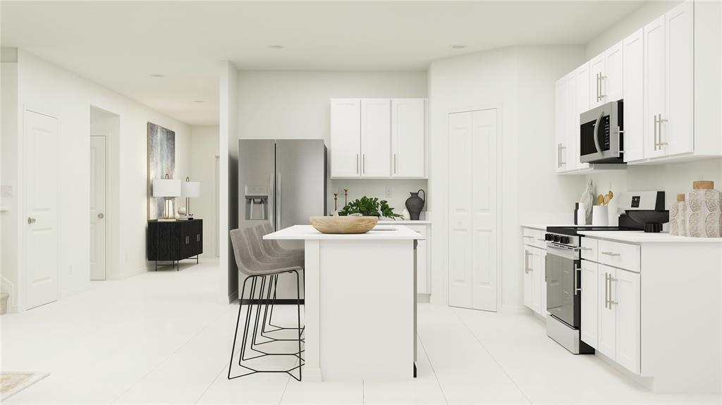 This is a rendering of a modern white kitchen featuring an island with bar seating — 12140 NOBLE CHASE PATH, DADE CITY, FL