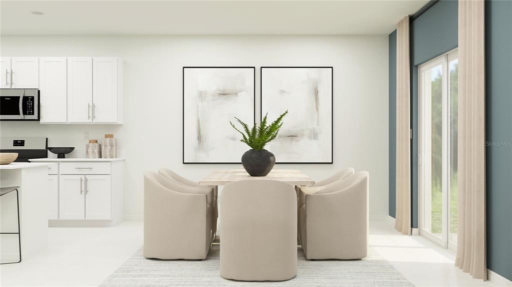 This rendering shows a dining area with white cabinets, a table, and upholstered chairs — 12140 NOBLE CHASE PATH, DADE CITY, FL