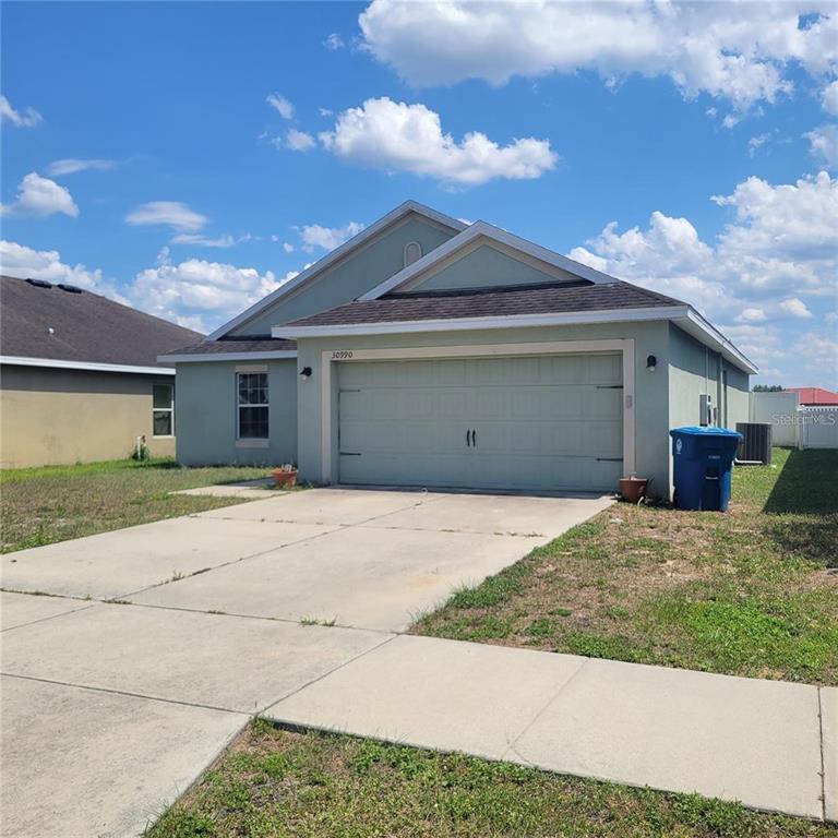 A single-story house with a light green exterior, a two-car garage, and a concrete driveway — 30990 SATINLEAF RUN, BROOKSVILLE, FL