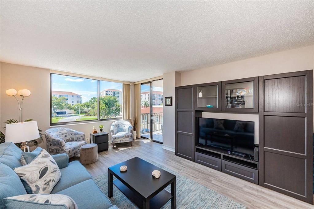 A living room features a blue sofa, a dark entertainment center, and large windows — 6219 PALMA BOULEVARD S UNIT 305, ST PETERSBURG, FL