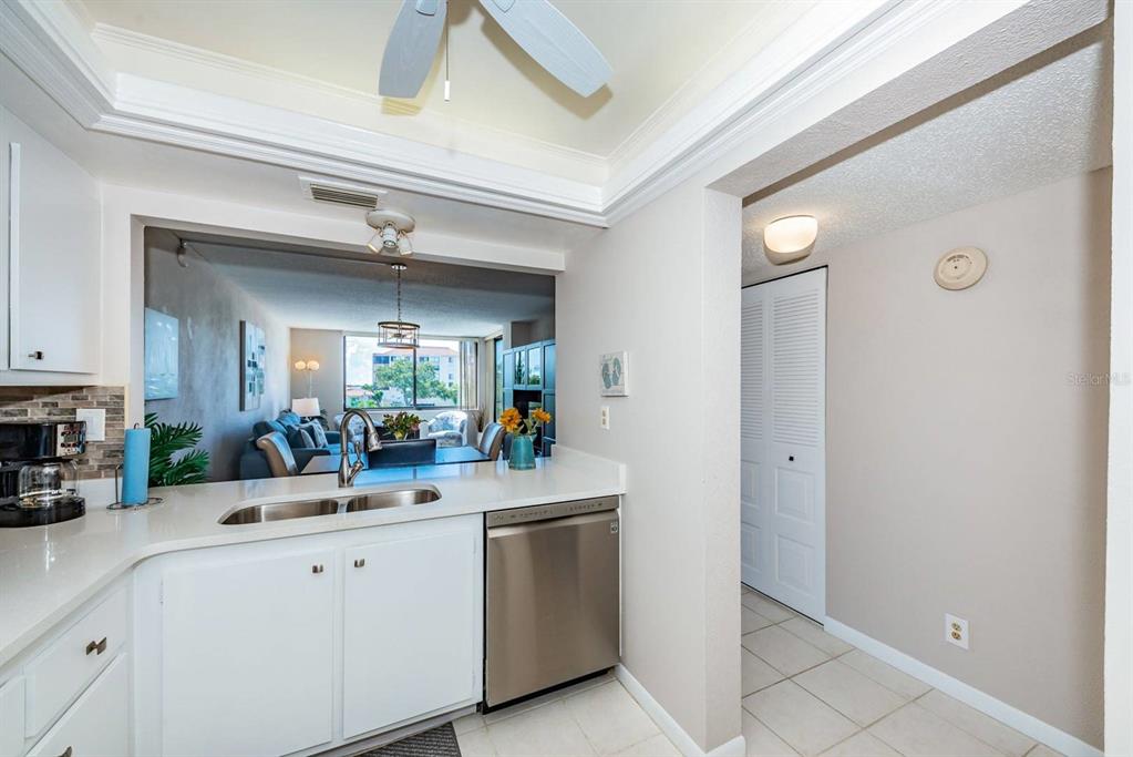 A kitchen with white cabinets, stainless steel dishwasher, and a pass-through window to the living area — 6219 PALMA BOULEVARD S UNIT 305, ST PETERSBURG, FL