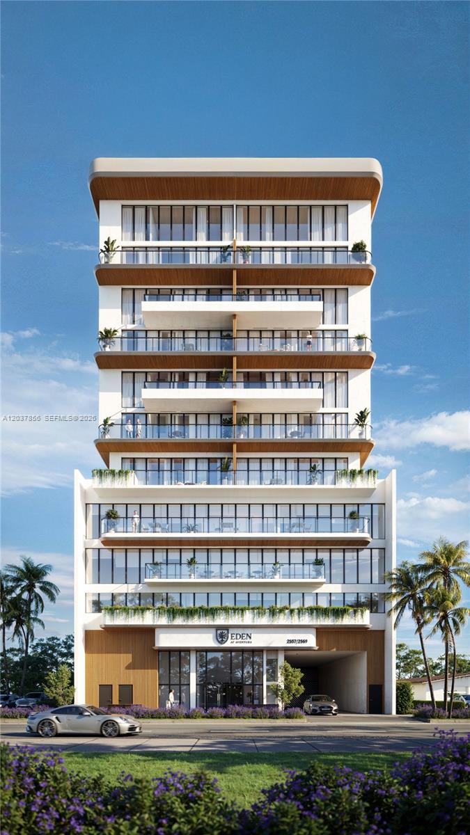 This is a digital rendering of a modern multi-story residential building with balconies and landscaping — 2557 NE 190th St # 504, Miami FL 33180, MIAMI, FL