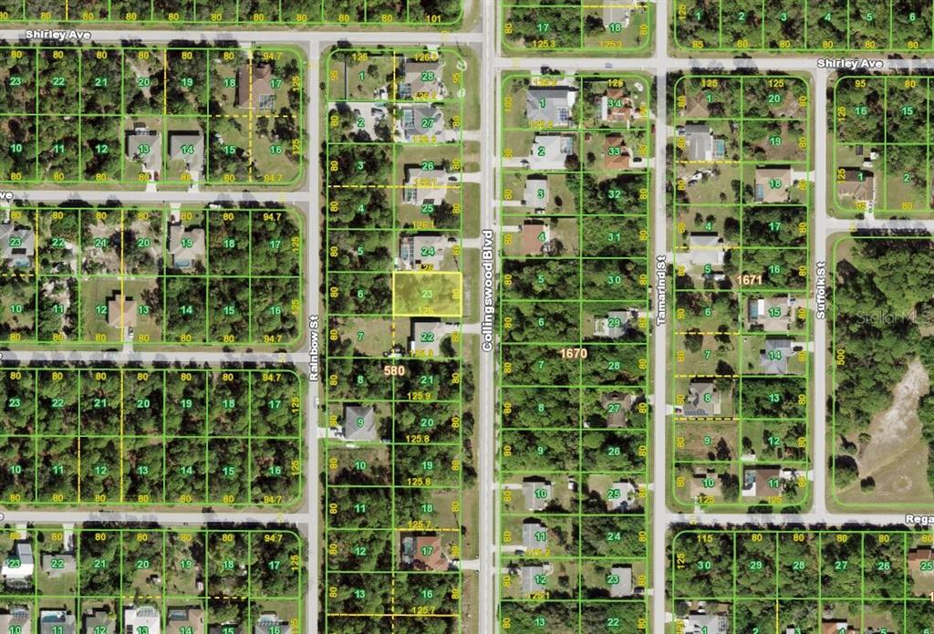 This is an aerial map showing residential lots and streets in a suburban neighborhood — 2431 COLLINGSWOOD BOULEVARD, PORT CHARLOTTE, FL