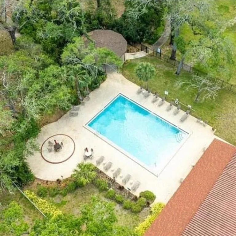 An aerial view shows a rectangular swimming pool surrounded by a patio, lounge chairs, and trees — 1012 PEARCE DRIVE UNIT 307, CLEARWATER, FL