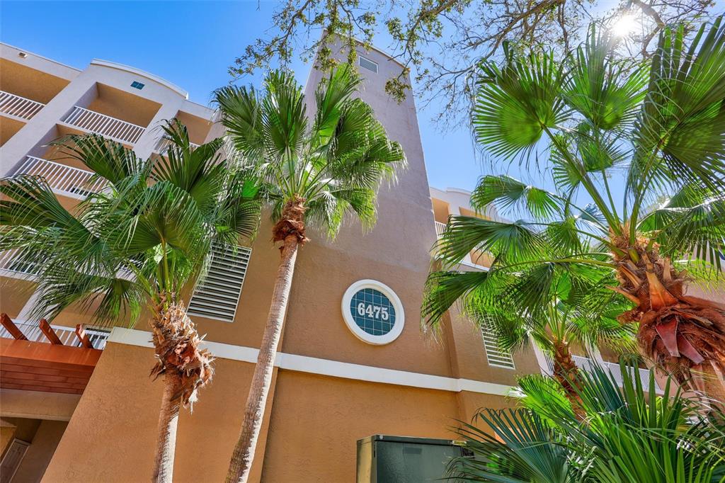 A low-angle view of a multi-story apartment building exterior featuring palm trees and address 6475 — 6475 SHORELINE DRIVE UNIT 5102, ST PETERSBURG, FL
