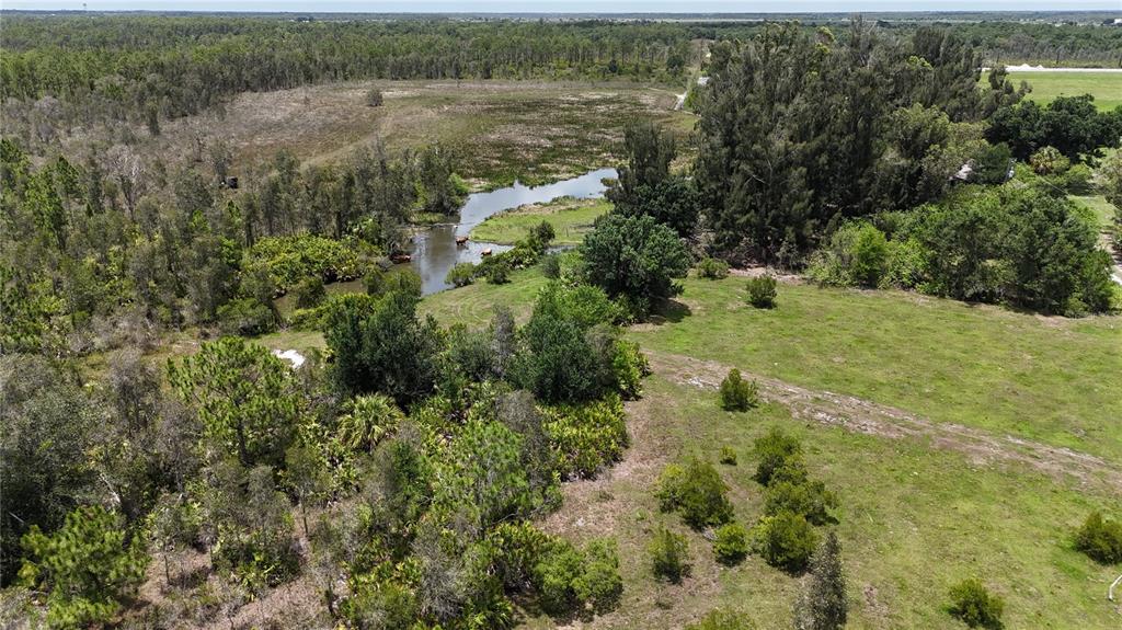 An aerial view shows a grassy pasture with scattered trees and a small pond — 21081 GRANVILLE ROAD, NORTH FORT MYERS, FL