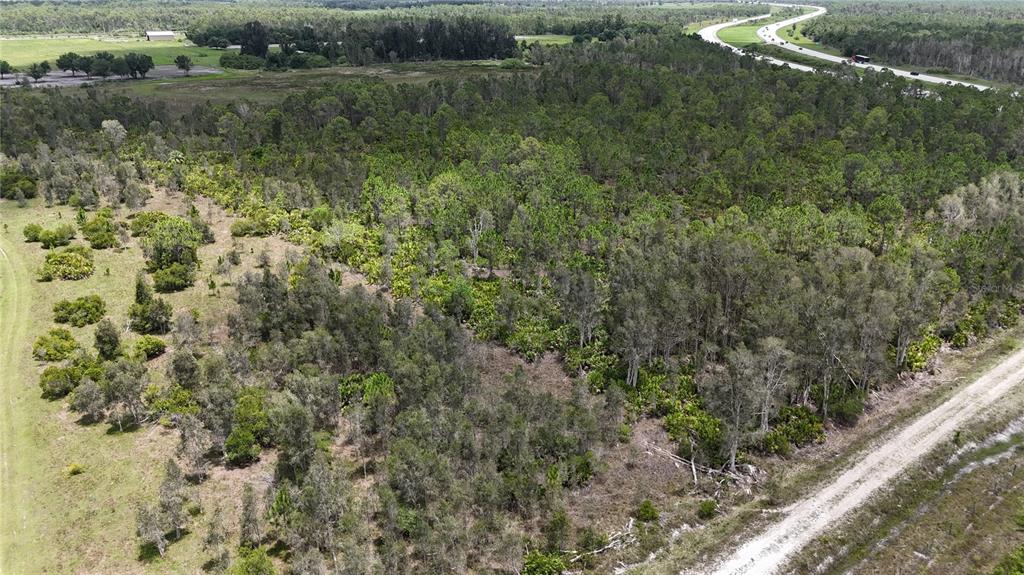 An aerial view shows a wooded lot adjacent to a dirt road and a highway — 21081 GRANVILLE ROAD, NORTH FORT MYERS, FL