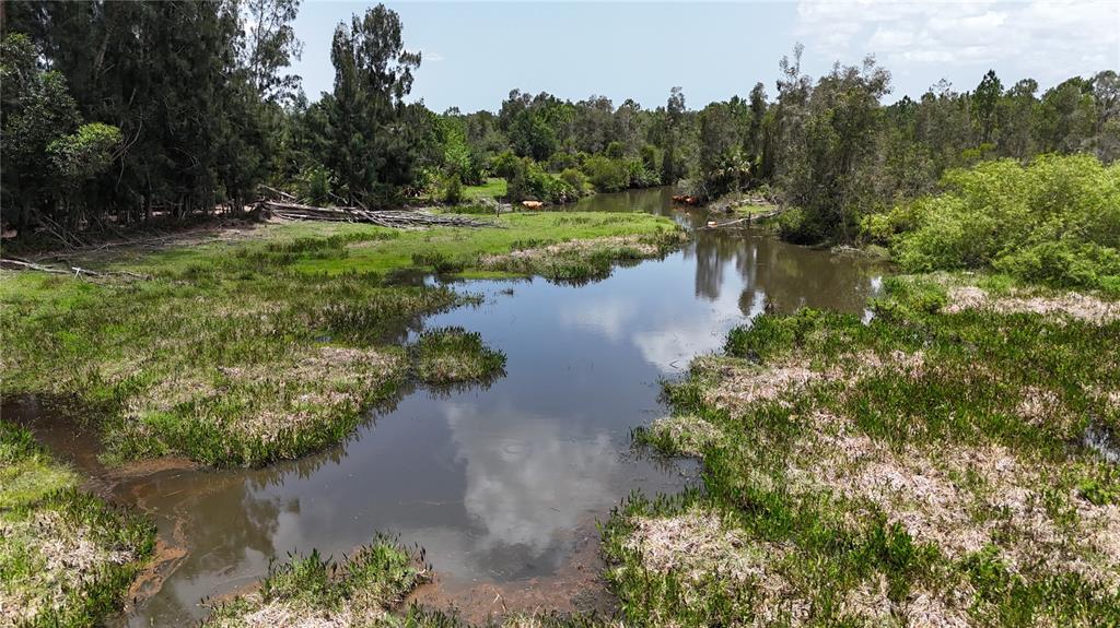 An aerial view of a narrow, dark-water creek winding through a grassy, wooded landscape — 21081 GRANVILLE ROAD, NORTH FORT MYERS, FL