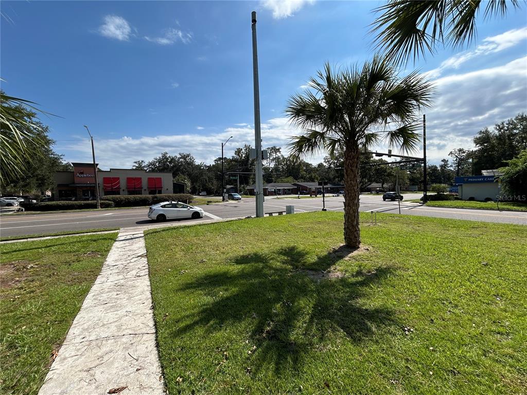A view of a grassy lawn with a palm tree and a street intersection beyond — 1008 NW 13TH STREET, GAINESVILLE, FL