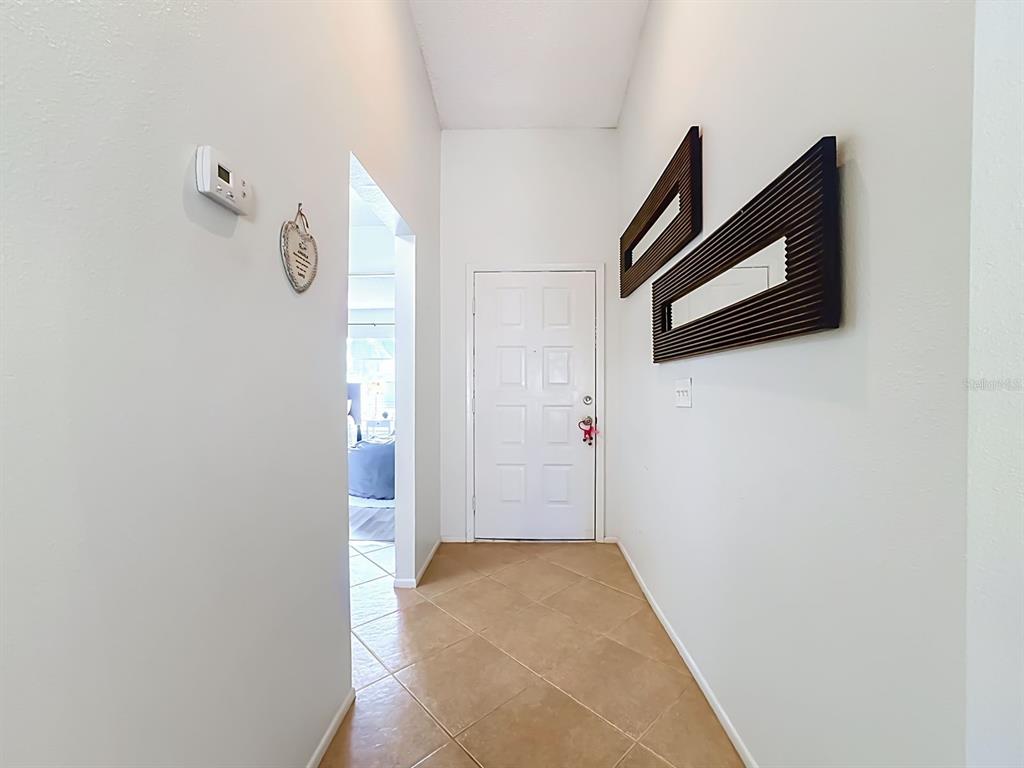 A tiled entryway features a white front door, two wall mirrors, and a thermostat — 13436 SILVERCREEK DRIVE, RIVERVIEW, FL