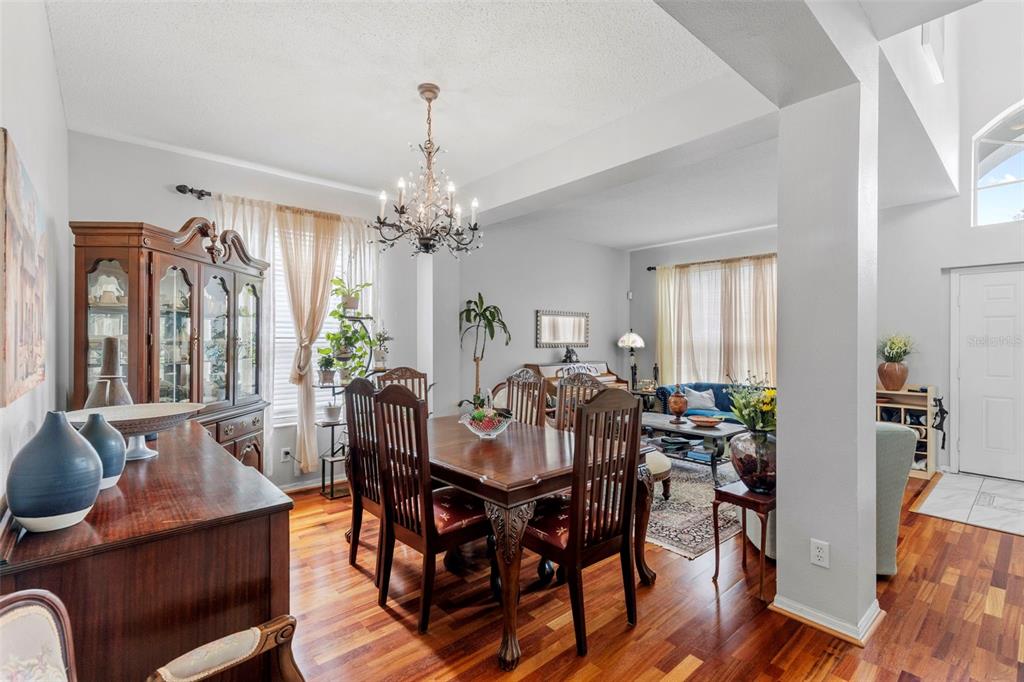 A dining room with a wooden table, chandelier, and hardwood floors opens into a living area — 10237 GOLDENBROOK WAY, TAMPA, FL