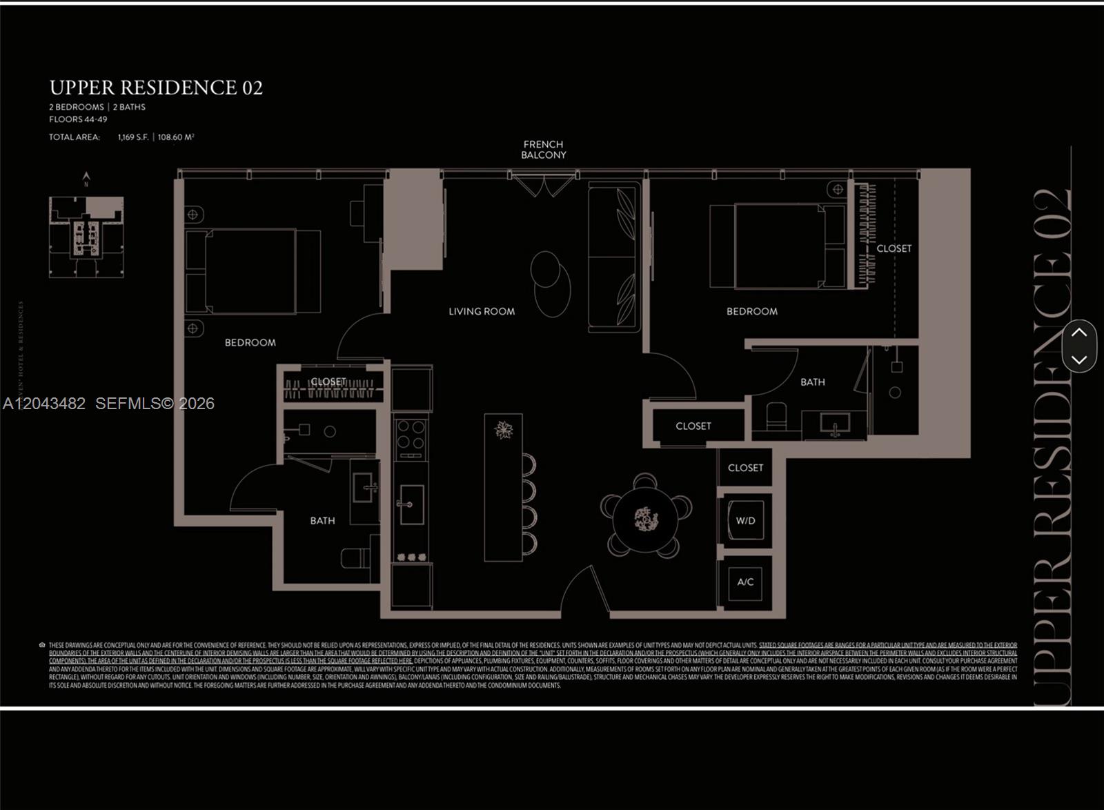 This is a floor plan for a two-bedroom, two-bathroom residence with a central living area — 20 NE 11th St # 4902, Miami FL 33132, MIAMI, FL
