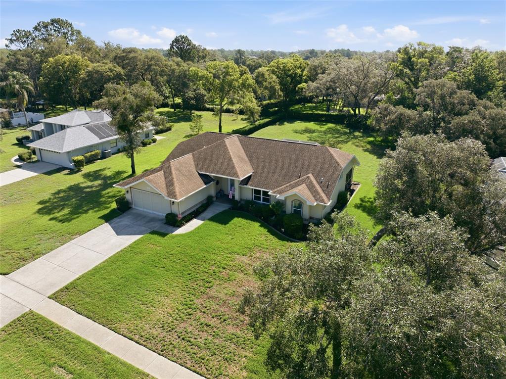 An aerial view shows a single-story house with a brown roof and a concrete driveway — 192 PRESTON HOLLOW DRIVE, SPRING HILL, FL