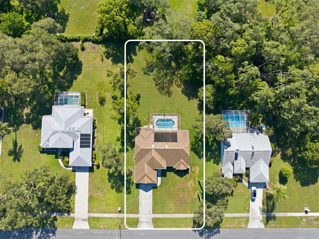 An aerial view shows three houses with swimming pools on a tree-lined residential street — 192 PRESTON HOLLOW DRIVE, SPRING HILL, FL