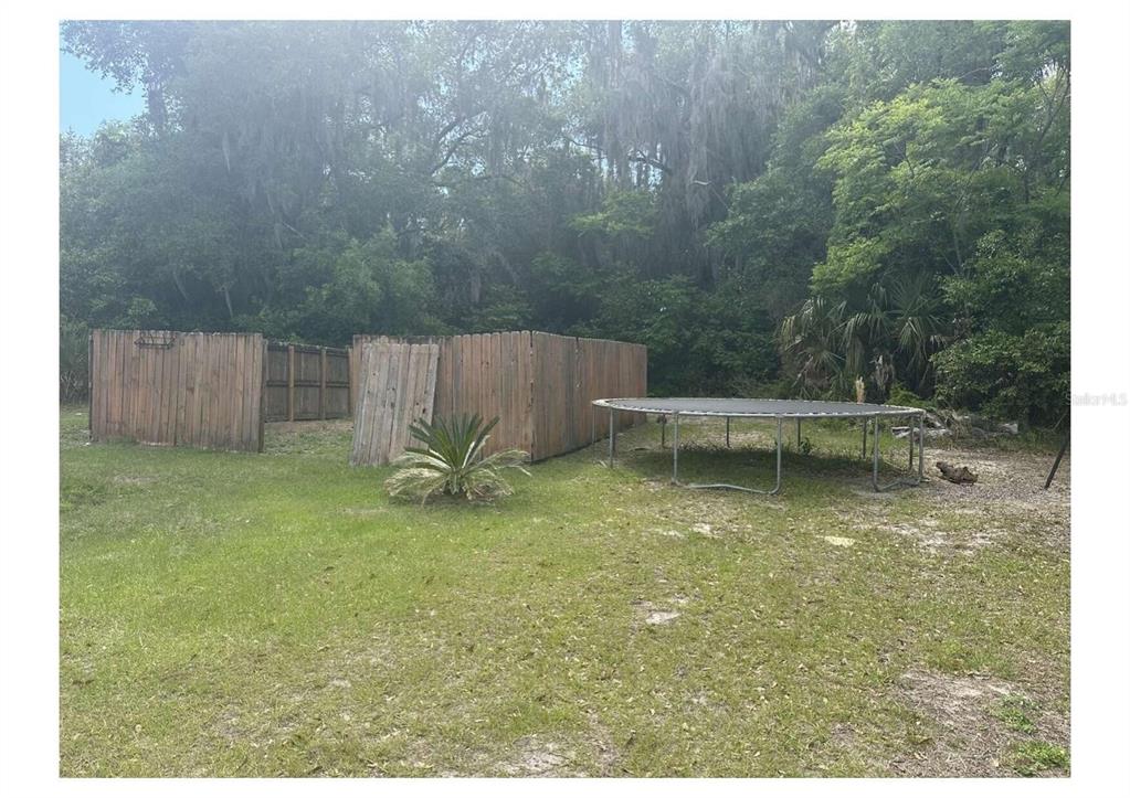A backyard features a wooden privacy fence, a trampoline, and a dense wooded area — 1206 S 12TH STREET, PALATKA, FL