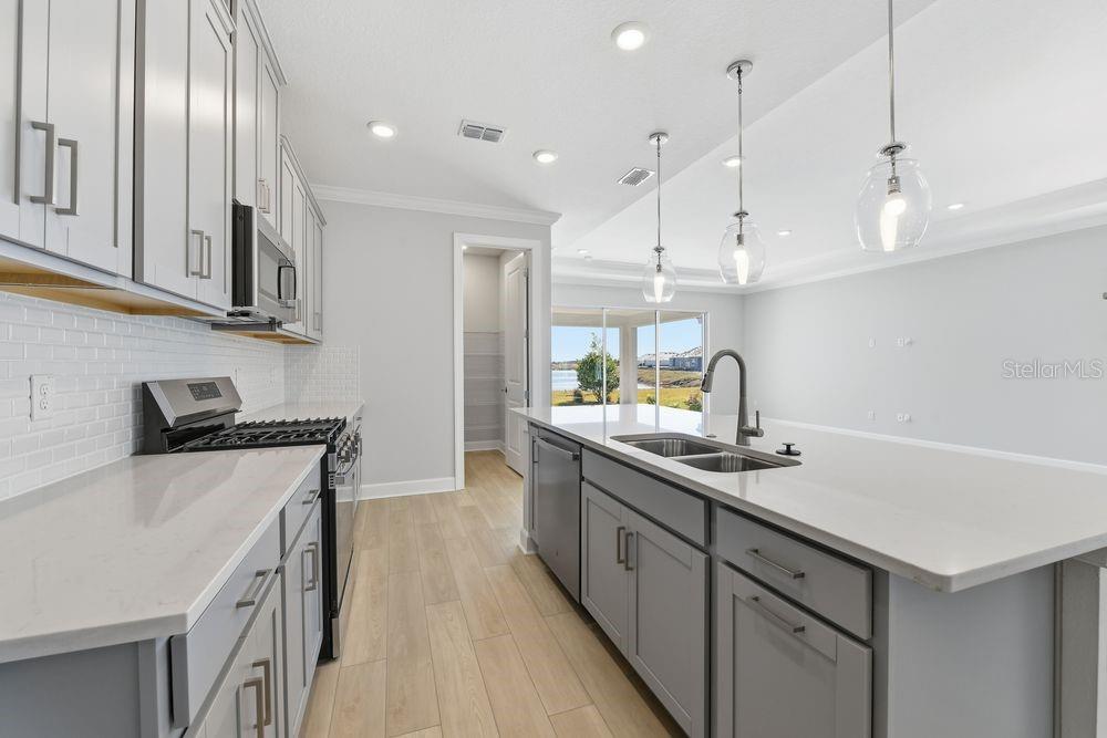 A modern kitchen features gray cabinets, white quartz countertops, stainless steel appliances, and a water view — 7731 CASPIAN STREET, PALMETTO, FL