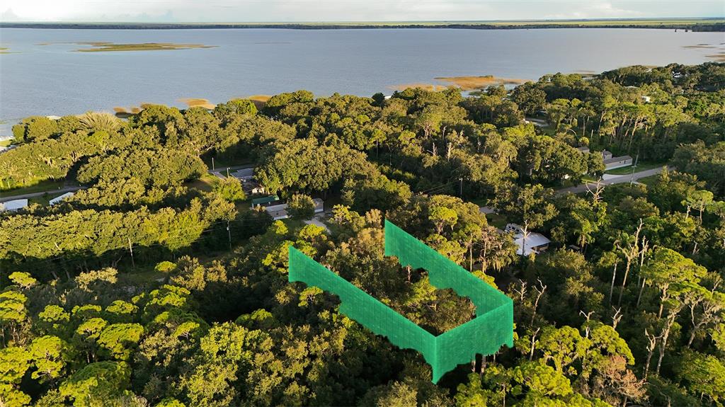 An aerial view shows a wooded lot with a green digital overlay marking property boundaries — 438 HIGHLANDS LAKE DRIVE, LAKE PLACID, FL