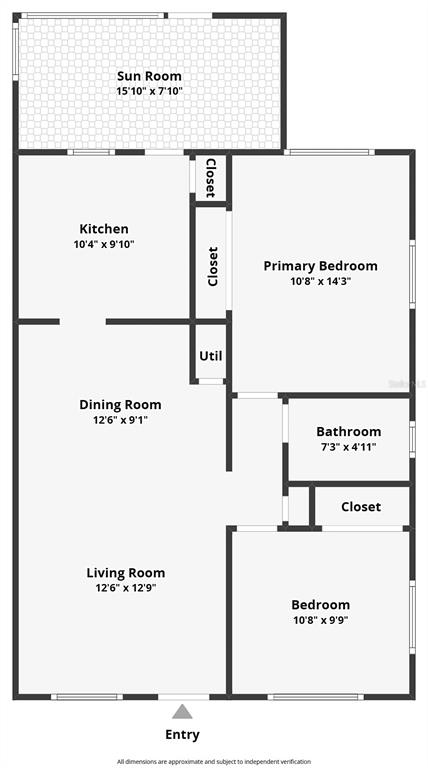 This is a floor plan showing a two-bedroom, one-bathroom home with a sunroom — 9906 LILY STREET N, PINELLAS PARK, FL