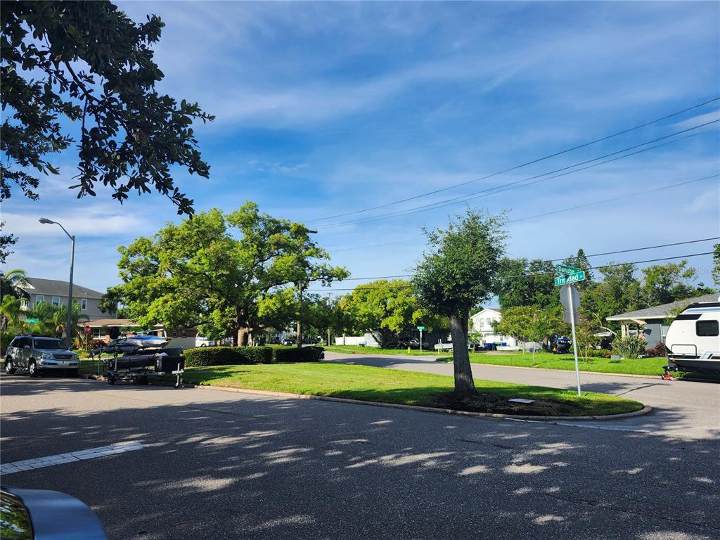 A street corner with a grassy median, mature trees, a street sign, and parked vehicles — 507 DANUBE AVENUE, TAMPA, FL